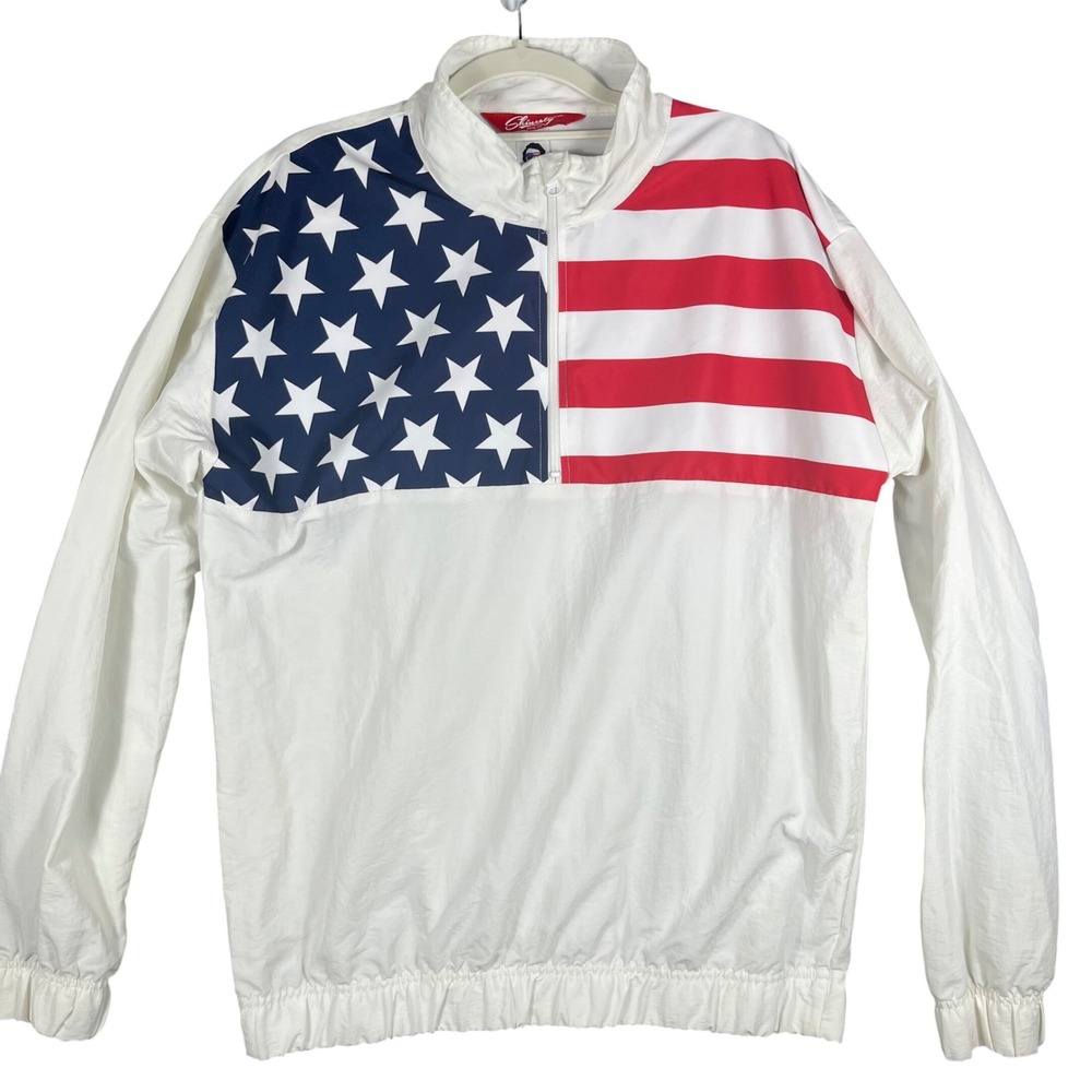 Shinesty Windbreaker Mens Large White USA‎ American Flag Quarter Zip Pullover